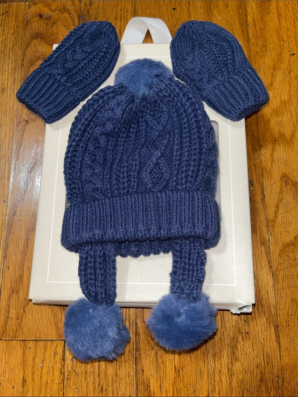NWT Mayoral Newborn Baby Knit Pom-Pom Earflap Hat & Mittens Set - Navy